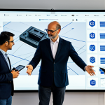 A diverse team of professional industrial designers and production engineers, fully clothed in modern business attire, collaboratively working in a bright, high-tech innovation hub. They are gathered around a large interactive screen displaying complex 3D CAD models and real-time production data, with some interacting with digital tablets. In the background, glimpses of advanced manufacturing equipment like a robotic arm and a 3D printer are visible, symbolizing the seamless integration of design and production processes. The scene embodies teamwork, digital transformation, and the concept of Design for Manufacturability. The subjects exhibit perfect anatomy, correct proportions, and natural poses with well-formed hands, proper finger count, and natural body proportions. This is professional photography, high quality, safe for work, appropriate content, and family-friendly, showcasing a forward-looking industrial environment.
