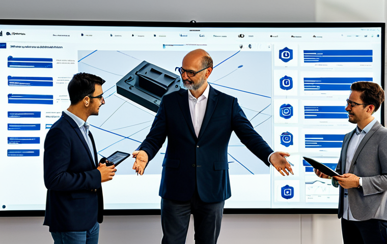 A diverse team of professional industrial designers and production engineers, fully clothed in modern business attire, collaboratively working in a bright, high-tech innovation hub. They are gathered around a large interactive screen displaying complex 3D CAD models and real-time production data, with some interacting with digital tablets. In the background, glimpses of advanced manufacturing equipment like a robotic arm and a 3D printer are visible, symbolizing the seamless integration of design and production processes. The scene embodies teamwork, digital transformation, and the concept of Design for Manufacturability. The subjects exhibit perfect anatomy, correct proportions, and natural poses with well-formed hands, proper finger count, and natural body proportions. This is professional photography, high quality, safe for work, appropriate content, and family-friendly, showcasing a forward-looking industrial environment.