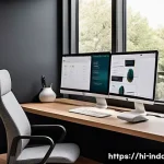 공업디자인과 북유럽 디자인 - **Industrial Design: The 'Half-Soft' Tech Oasis**
    "A sleek, modern home office bathed in soft, d...