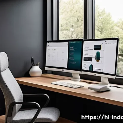 공업디자인과 북유럽 디자인 - **Industrial Design: The 'Half-Soft' Tech Oasis**
    "A sleek, modern home office bathed in soft, d...