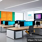 공업디자인과 AI 기술 - A modern design studio scene showing a diverse team of Indian designers collaborating over digital p...