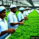 공업디자인과 친환경 플라스틱 - A vibrant Indian industrial setting showcasing eco-friendly production lines where workers in modest...
