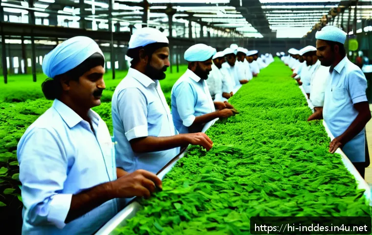 공업디자인과 친환경 플라스틱 - A vibrant Indian industrial setting showcasing eco-friendly production lines where workers in modest...