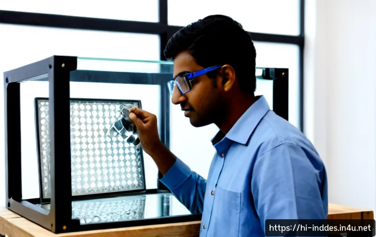 공업디자인과 4D 프린팅 - Photorealistic industrial design studio, Indian engineering student wearing safety glasses examining...